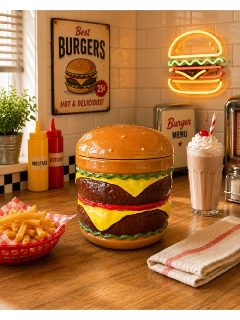 New Cheeseburger BBQ Grilling Ceramic Cookie Jar Kitchen Storage Room Decor